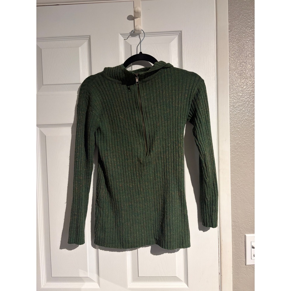 Free People Green Ribbed Hooded Quarter Zip Wool Blend Sweater Women Size XS